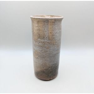 Signed dated studio pottery flower vase beautiful gray beige tan drip glaze 90s
